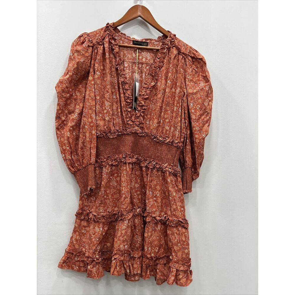 House of Harlow 1960 Size Lg Wallis Rust Mini Dress Smocked‎ Ruffle Printed NOTE